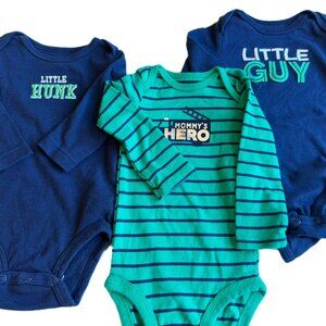 Boys 6M Set of 3 Long Sleeve Spring Bodysuits Bright Teal and Navy Blue